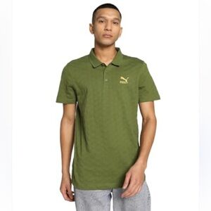 PUMA Short Sleeve Collared Polo Shirt, Green, Men's Medium